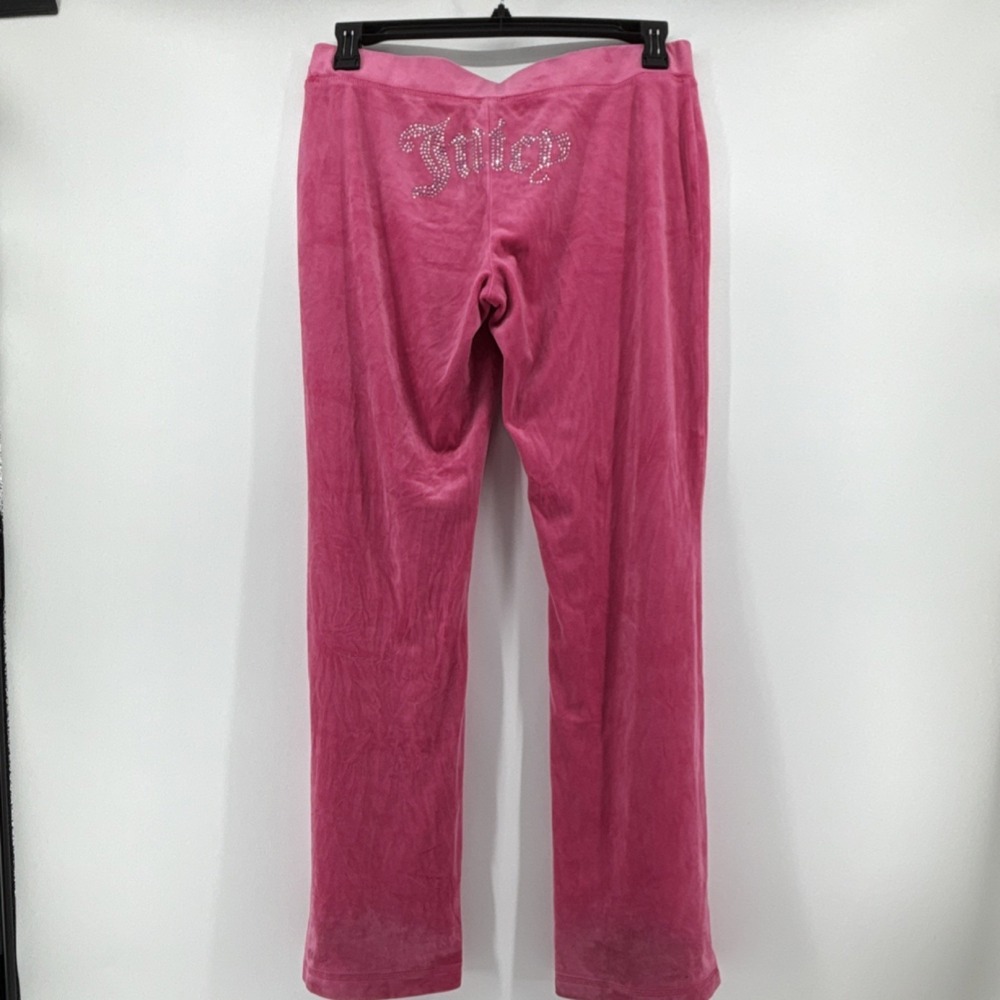 Y2K VTG Juicy Couture Pink OG Velour Low Rise Bootcut Rhinestone Spellout Logo L